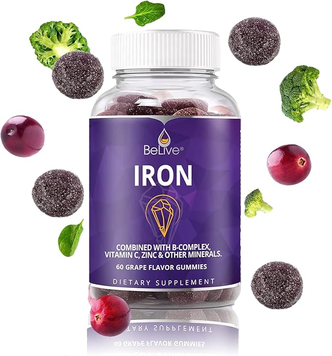 BeLive Iron Gummies - Multivitamin Iron Supplement with Vitamin C, A, B & Zinc, Supports Blood Oxygen, Vegan Iron Supplements for Women, Men & Kids for Growth and Development - Grape Flavor | 2-Pack
