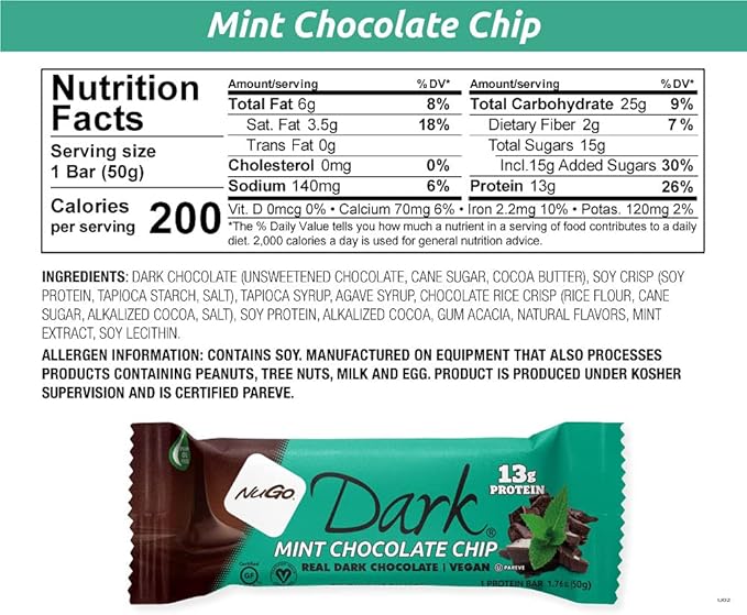NuGo Dark Variety - Mint Chocolate Chip 12 Bars & Chocolate Chocolate Chip 12 Bars, 12-13g Protein Bar, Vegan, Gluten Free, Non-GMO, Kosher Pareve, 24 Count