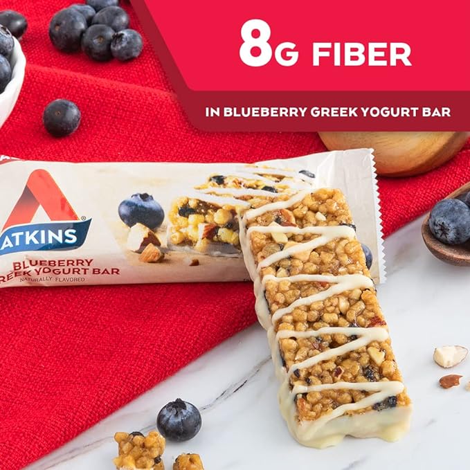 Atkins Blueberry Soft Baked & Greek Yogurt Protein Meal Bars, 15g Protein, 2-3g Sugar, High Fiber, Low Carb, 4 Packs (20 Bars) & 5 Count