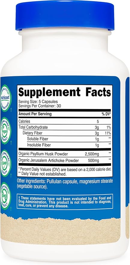 Nutricost Fiber Capsules with Prebiotic Fiber Supplement 150 Capsules - CCOF Certified Supplement, Made with Organic Psyllium Husk & Organic Jerusalem Artichoke, Gluten Free, 3 G Per Serving