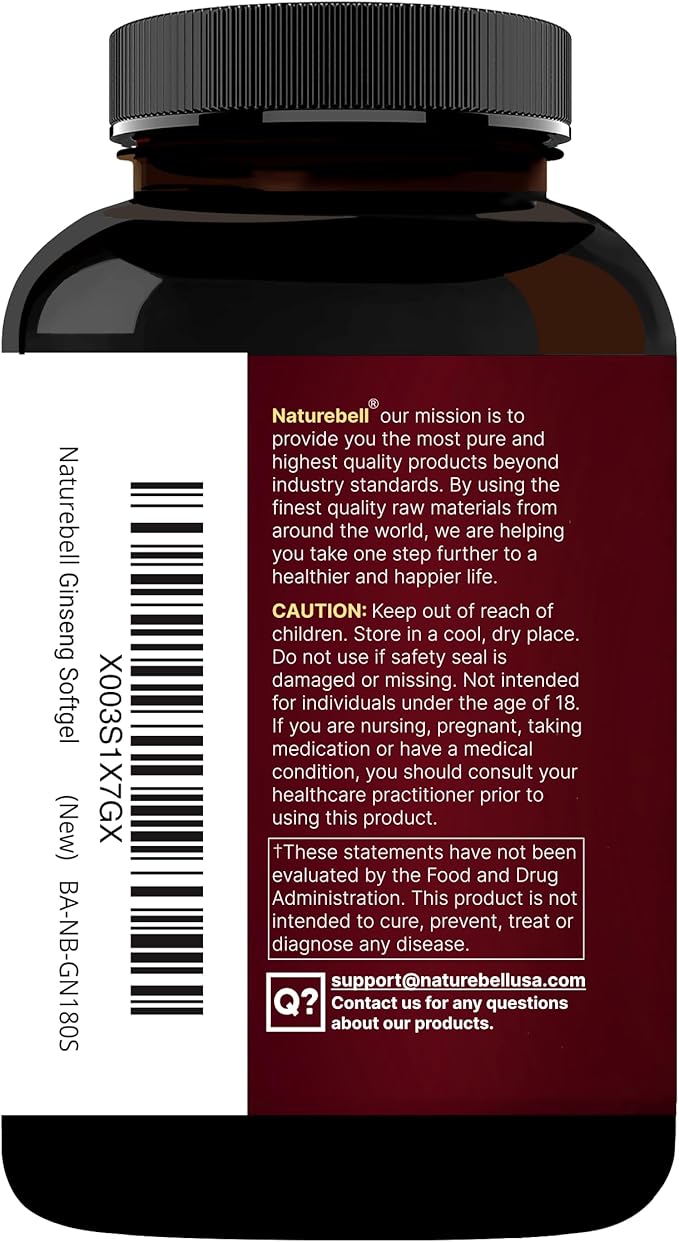 NatureBell Korean Red Ginseng 2,250mg Per Serving, 240 Softgels | Panax Ginseng Root, Standardized to 10% Ginsenosides, Non-GMO, Support Energy, Male Performance, & Immune System