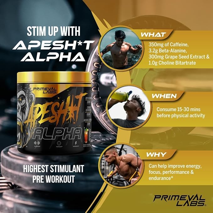 Primeval Labs Ape Alpha Natural Pre Workout for Men and Women | Increase Endurance and Focus | 350mg Caffeine | Beta-Alanine |L citrulline | Nitric Oxide Booster | Sweet Tea Lemonade, 40 Servings