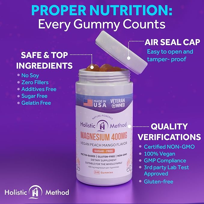 Magnesium Citrate Gummies - Sugar-Free, Vegan and Non-GMO for Better Sleep and Relaxation - No Sugar Alcohol - Magnesium Supplement for Adults, Teens and Kids - Peach Mango - 240 Chews