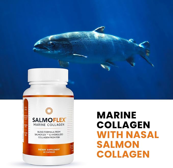 Salmoflex Marine Collagen Peptides Pills W/Hyaluronic Acid, Vitamin C, D, E | Salmon Supplements - Hair, Skin, Nails | Multivitamin for Women & Men | Knee, Joint Relief - 60 Capsules