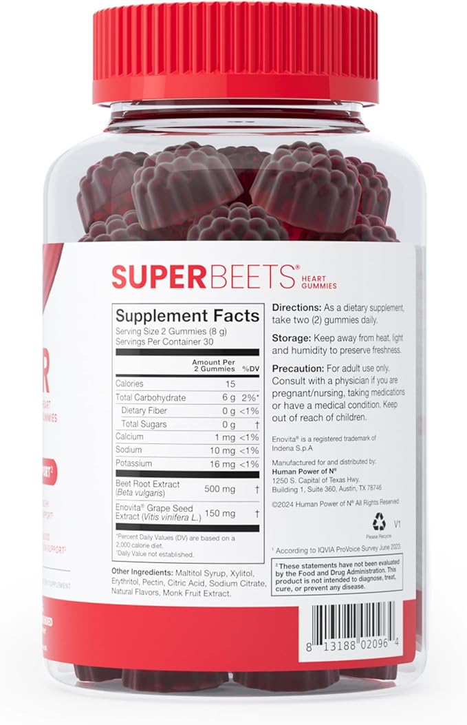 humanN SuperBeets Heart Gummies - Beet Gummy with Heart-Healthy Energy Support, Grape Seed Extract & Beetroot Powder, Sugar Free - Pomegranate Berry Flavor, 120 Count