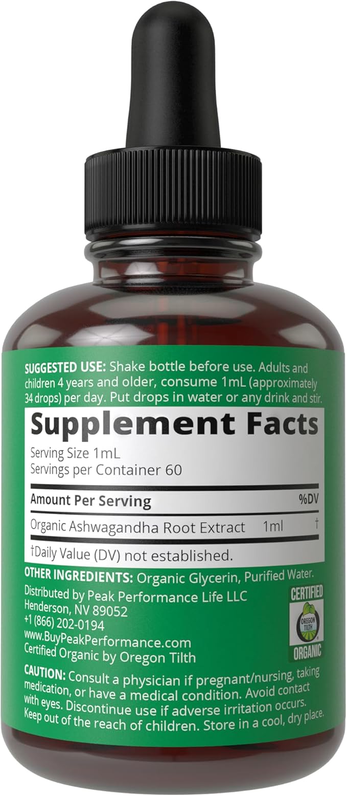 Ashwagandha Liquid Drops. USDA Organic Vegan Supplement. Extra Strength Ashwagandha Root Extract For Women, Men, Kids. With Adaptogens. Zero Sugar, Organic, Gluten Free Tincture Supplements.