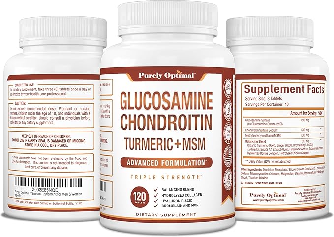 Purely Optimal Glucosamine Chondroitin MSM Supplement w/Turmeric & Boswellia - Glucosamine Sulfate Joint Supplement for Men & Women - 120 Tablets