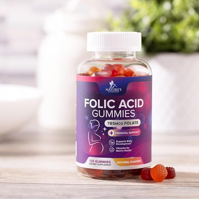 Folic Acid Gummies for Women 785 mcg, Essential Prenatal Vitamins for Mom & Baby, Vegan Folic Supplement Gummy, Vitamin B9 Chewable Extra Strength Folate, Before During After Pregnancy - 120 Gummies