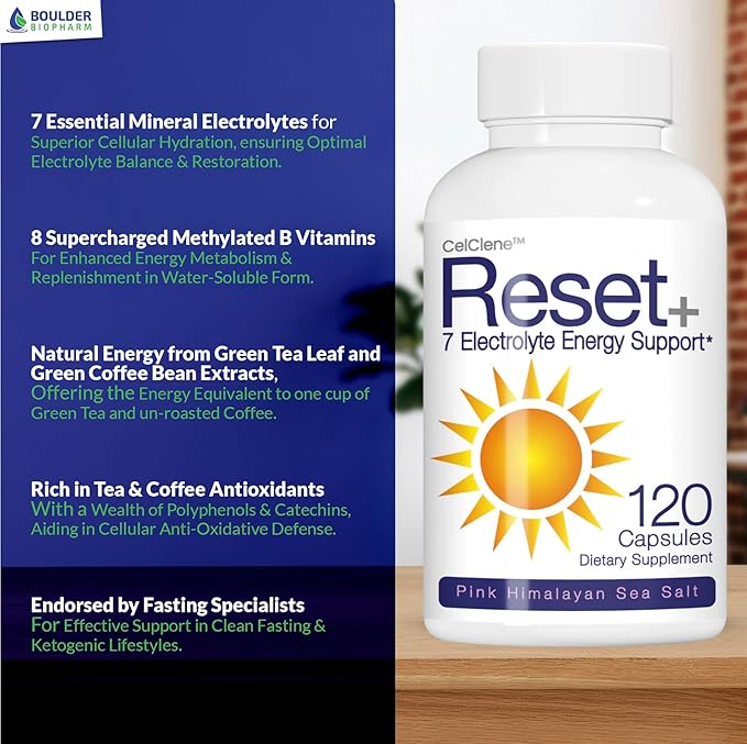 Reset+ 7 Energy Electrolytes, Methyl B12, Methyl Folate, Pink Salt, Magnesium, Super B Complex, Green Tea & Green Coffee Extracts, Biotin, Zinc, 72 Trace Minerals