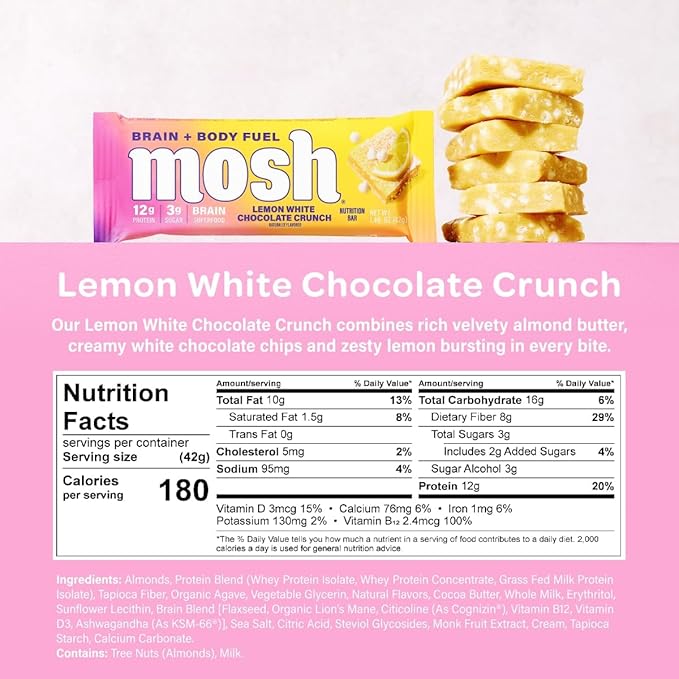 MOSH Variety Pack Keto Protein Bars, High Fiber, Low Carb, Gluten Free, High Protein, Brain Healthy Snack with Ashwagandha, Lion's Mane, 6 Count