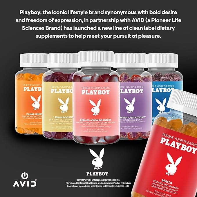 Playboy - Maca Root Gummies for Women and Men (60 Count - Peach Flavored) - Boost Sexual Vitality, Libido, Fertility - Maca Gummies Supplement - 100% Natural, Vegan Non GMO - 4:1 Extract Maca Peruana
