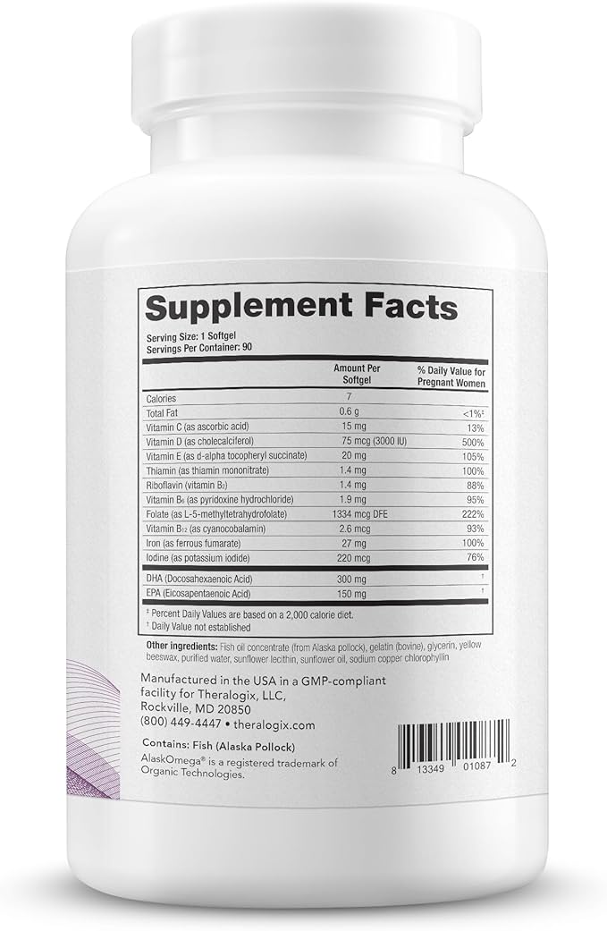 Theralogix TheraNatal One Prenatal Vitamin - 90-Day Supply - Prenatal Multivitamin with DHA, Vitamin D3, Methylated Folate, Iron & More to Support a Healthy Pregnancy* - NSF Certified - 90 Softgels