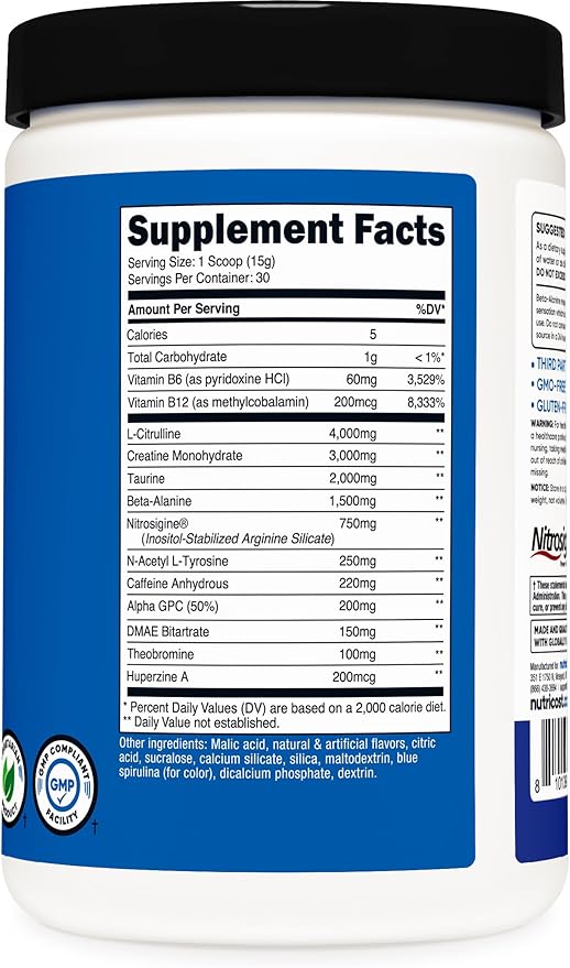 Nutricost Pre-C Pre-Workout Complex with Creatine (Blue Rasberry | 30 Servings) Powder - Boost Fintess Routines, 450g