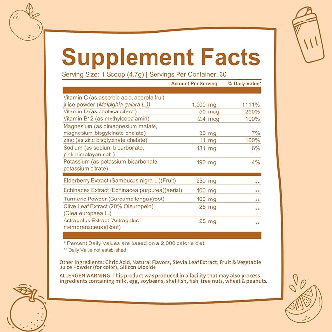 GOBIOTIX Vitamin C - Immune Defense Support Supplement - Immunity Powder Wellness Booster - Vegan Superfood - Elderberry, Turmeric, B12 Vitamin Supplement, Non-GMO and Sugar Free (Orange)