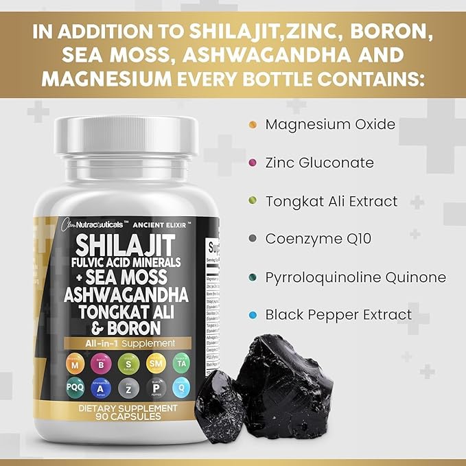 Clean Nutraceuticals Shilajit Supplement with Sea Moss, Ashwagandha, Tongkat Ali, Boron, Magnesium - Fulvic Acid Capsules for Men - 90 Count