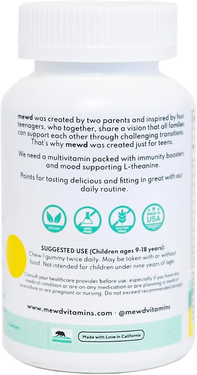 MEWD Teen/Kids Daily Multivitamin Gummy with Natural Mood Enhancer,Vegan,Immune System Booster Supplement,Kids Vitamin with Iron,Zinc,Gluten Free-Focus Vitamin for Kids-Brain Health-Made in USA