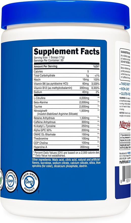 Nutricost Pre-X Xtreme Pre-Workout Powder Complex, Blue Raspberry, 30 Servings, Vegetarian, Non-GMO and Gluten Free
