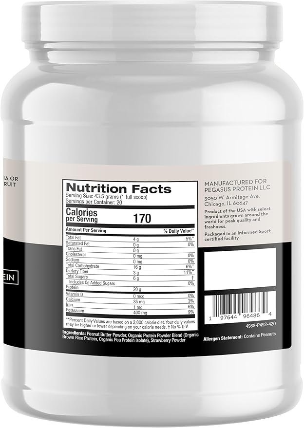 Only 4 Ingredients - No Stevia, No Monk Fruit, No Artificial Sweeteners - Strawberry Peanut Butter Protein Powder, All Natural, Sweetened with Berries (20g of Protein, 20 Servings)