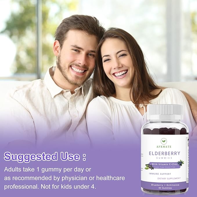 AFXMATE Sambucus Elderberry Gummies, Black Elderberry Gummy with Zinc and Vitamin C for Adults, Sugar Free Kids Multivitamin Gummies, Immune Support* Supplement, 120 Gummies (2 Pack)