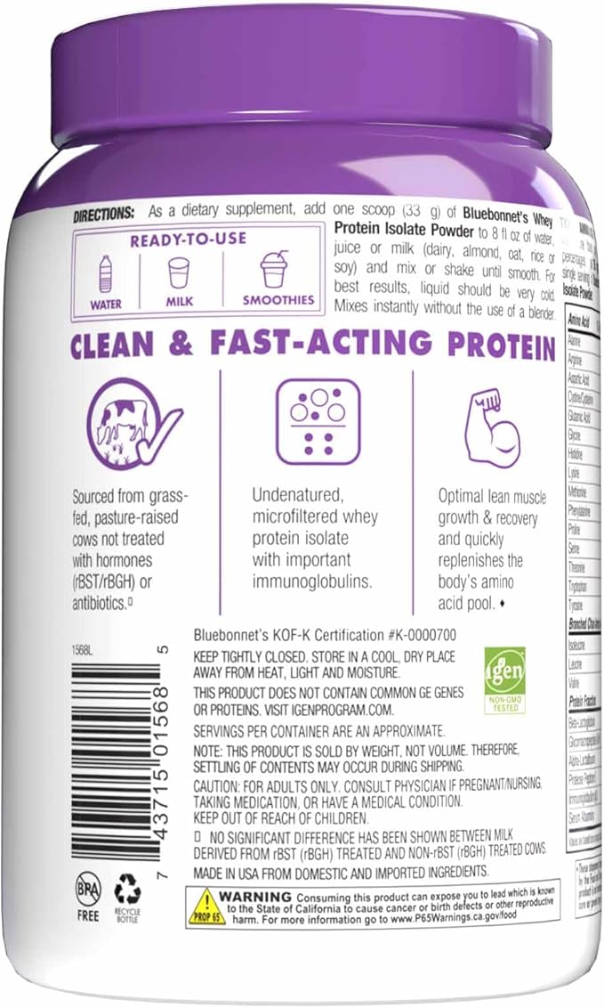 Bluebonnet Nutrition Whey Protein Isolate Powder, 14 Serving, Vanilla, 1 lb