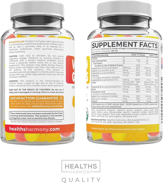 USDA Organic Kids Vitamin Gummies (Non-GMO) Yummy Natural Fruit Flavors - Complete Kids Multivitamin Gummies: Vitamin C, D, B, A, Zinc - Supplement for Energy, Mood, Immune Support - 60 Gummy Vitamins