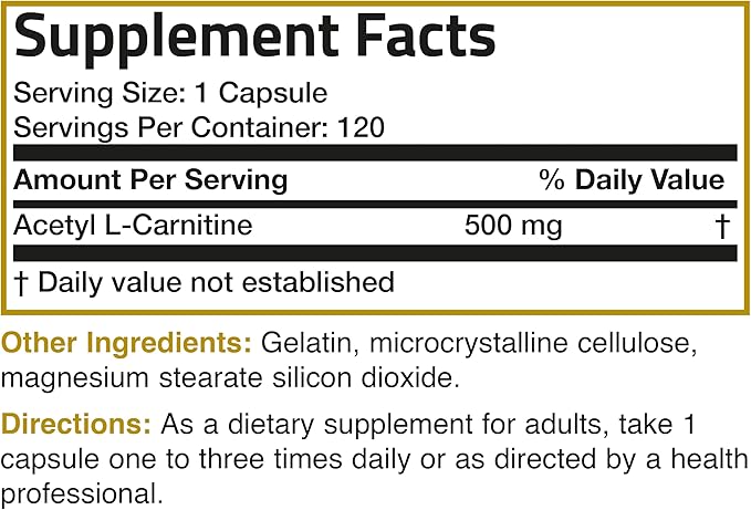 Bronson Acetyl L-Carnitine 500 MG High Potency Amino Acid Non-GMO, 120 Capsules