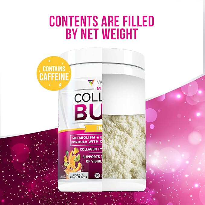Multi Collagen Burn: Multi-Type Hydrolyzed Protein Peptides with Hyaluronic Acid, Vitamin C, SOD B Dimpless, Types I, II, III, V and X Collagen, with Caffeine