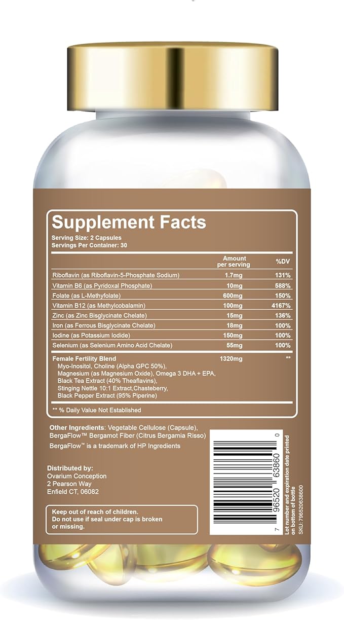 Ovarium® Fertility Support Supplement - Female Blend - Vegan Multivitamin w/Black Tea Extract, DHA, Omega-3, Chasteberry, & Folate - Supports Healthy Conception & Improves Egg Health (60 Capsules)