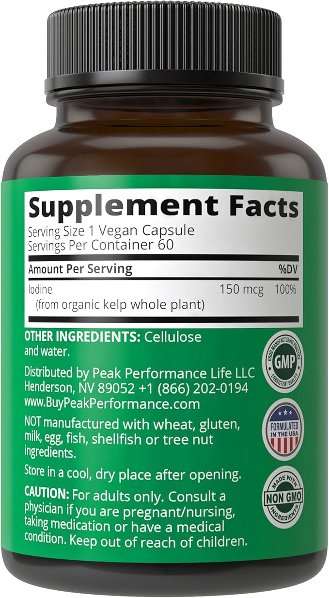 Raw Whole Food Iodine Supplement from Organic Kelp (Ascophyllum Nodosum) by Peak Performance. Potassium Iodide Support Tablets. for Metabolism, Energy, and Immune. 60 Vegan Capsules, Pills.