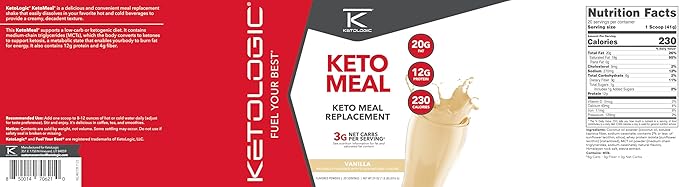 Ketologic Keto Meal Replacement Shake Powder for Optimal Results + MCT Oil + Grass-Fed Whey - Perfectly Formulated Macros for Ketosis - 20 Servings - Vanilla
