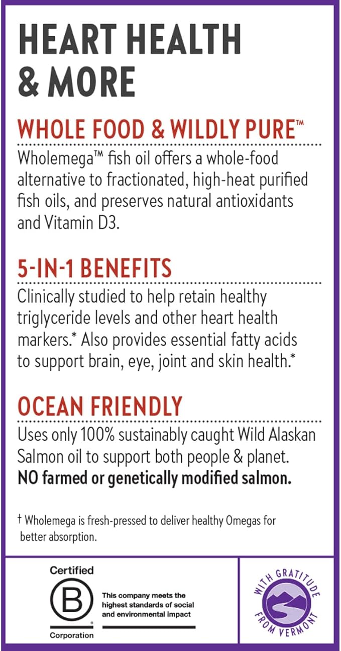 New Chapter Wholemega Fish Oil Supplement - Wild Alaskan Salmon Oil with Omega-3 + Vitamin D3 + Astaxanthin + Sustainably Caught - 60 ct, 1000mg Softgels