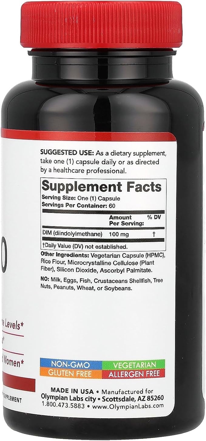 Olympian Labs DIM Supplement 100mg - Daily Capsules - Diindolylmethane for Men and Women, 100 Mg, 60 Count