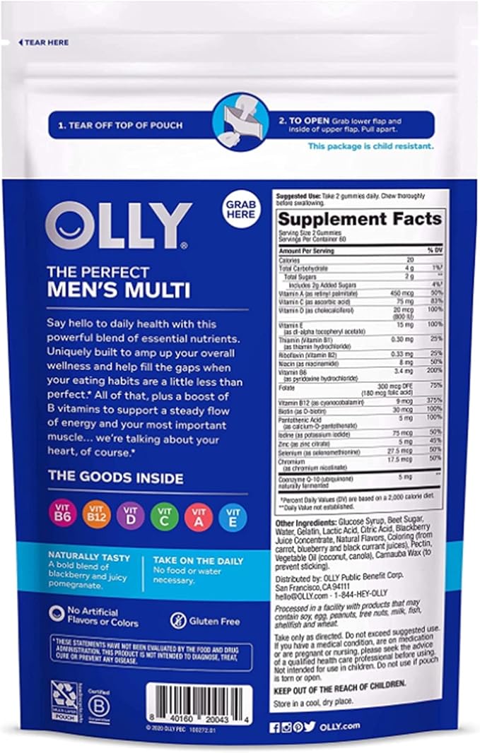 OLLY Men's Multivitamin Gummy, Immune Support, Vitamins A, C, D, E, B, Lycopene, Zinc, BlackBerry, 60 Day Supply - 120 Count
