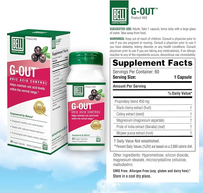 Bell G-Out Uric Acid Cleanse | Recommended for Gout - A Unique Blend of Herbal Extracts That Helps Maintain Uric Acid Levels Within The Normal Range, Uric Acid Relief, Uric Acid Flush| 60 Capsules