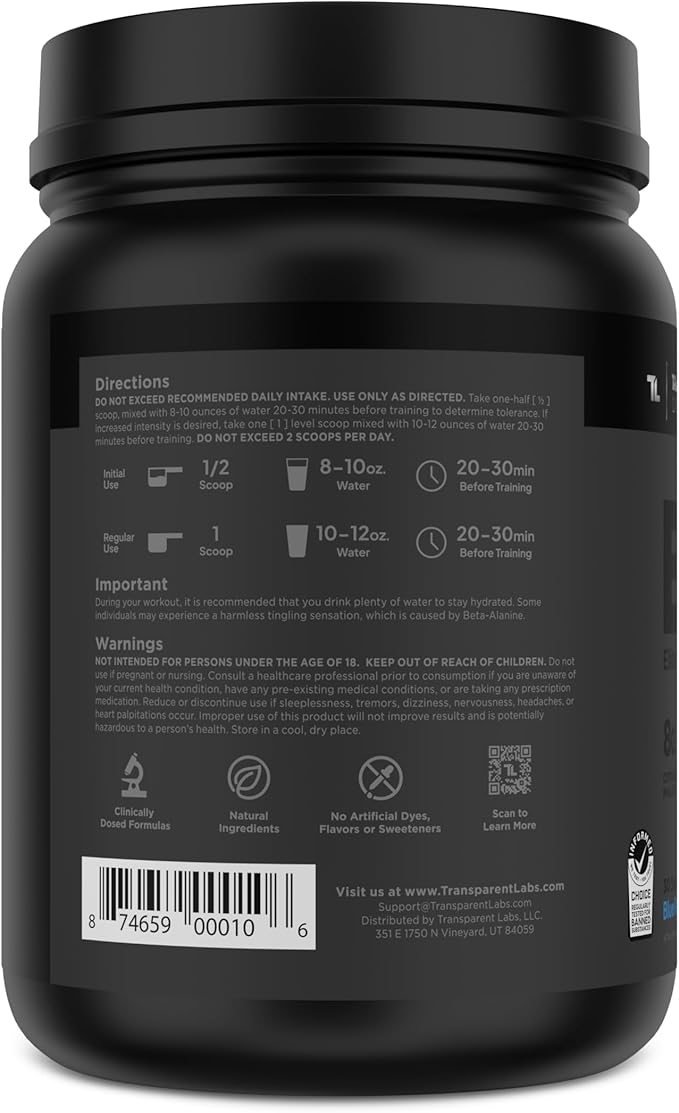 Transparent Labs Bulk Black Pre Workout - Clinically Dosed, Naturally Sweetened Preworkout for Men and Women with Beta Alanine Powder, Citrulline Malate, & Caffeine Powder- 30 Servings, Blue Raspberry