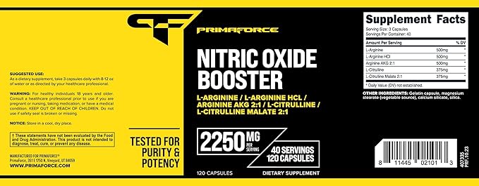Primaforce Nitric Oxide Booster (2,250mg, 120 Capsules) - 40 Servings of Our Nitric Oxide Boosting Blend for Pre-Workout and Post-Workout