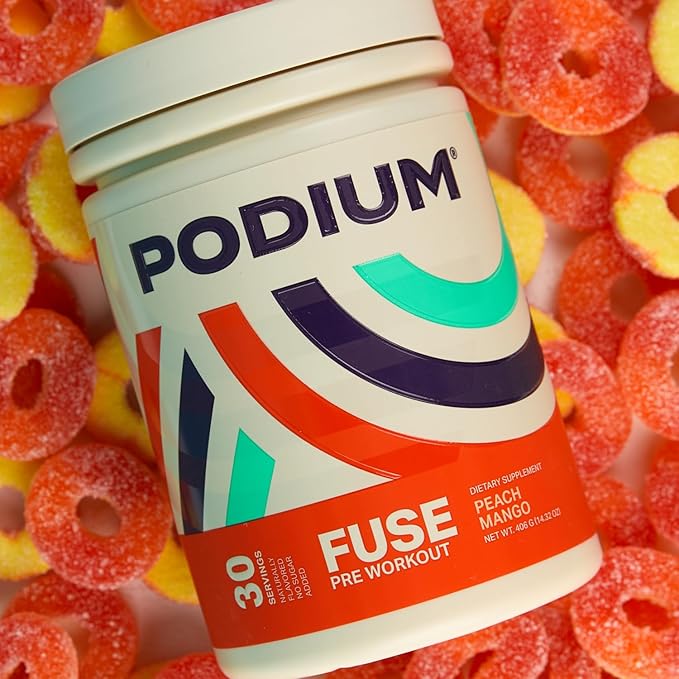 Podium Nutrition, Fuse Pre Workout Powder, Peach Mango, 30 Servings, Beta Alanine and Caffeine for Energy, Gluten Free, Soy Free, Dairy Free