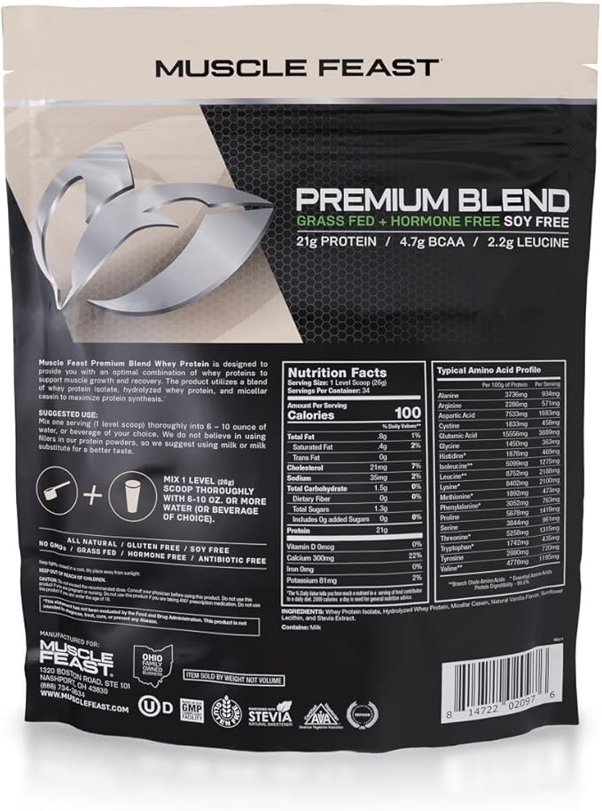 Muscle Feast Premium Blend All Natural Hormone Free Grass-Fed Whey Protein Powder, Vanilla, 2lb