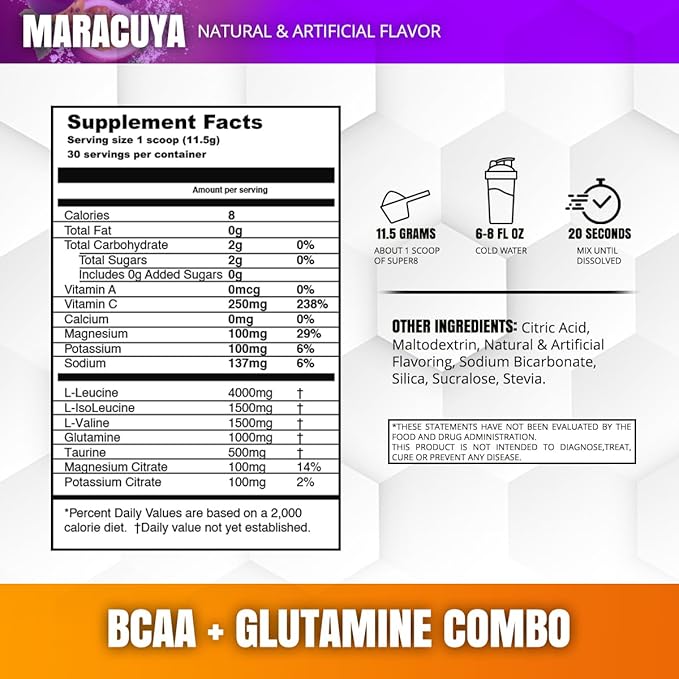 Super 8 High Performance BCAA, Electrolyte & Glutamine Blend Formula - Post-Workout Recovery and Muscle Building Supplement, 30 Serving (Maracuya)