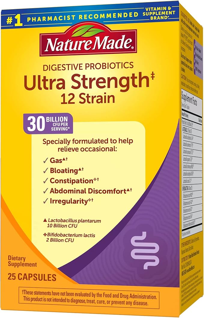 Nature Made Ultra Strength 12 Strain Digestive Probiotics, Probiotics for Women and Men, 25 Probiotic Capsules, 25 Day Supply