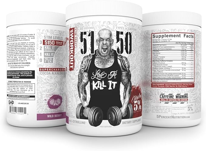 Rich Piana 5% Nutrition 5150 High Stim Pre-Workout Powder | Extreme Energy, Focus, Pumps & Endurance | 400 mg Caffeine, Citrulline, Beta Alanine, N-Acetyl L-Tyrosine | 30 Srvgs (Wildberry)