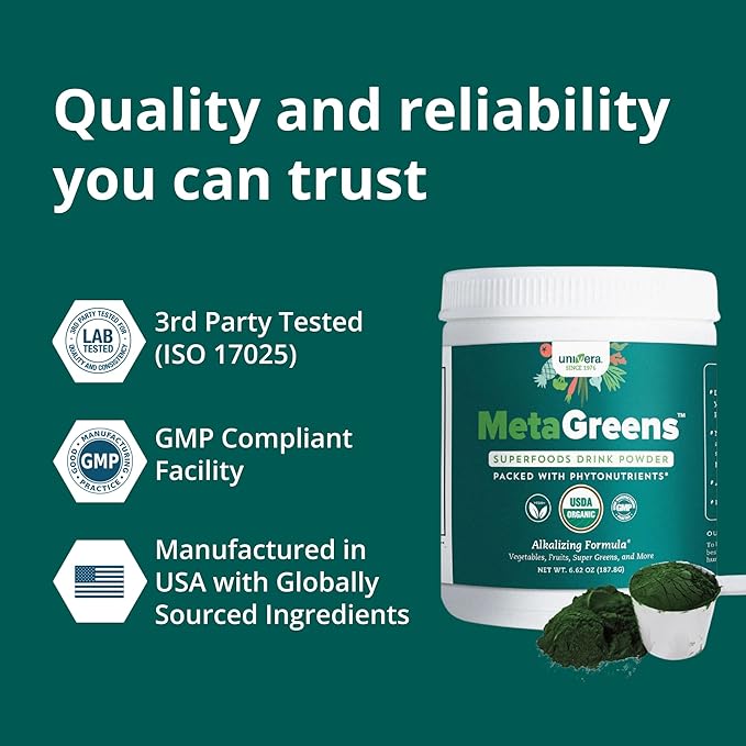 Univera Metagreens, Green Superfoods Blend Powder, Smoothie Mix with Organic Spirulina, Vital Antioxidants, Alkalize, Detoxify, Vegan, Non-GMO, 30-Day Supply.