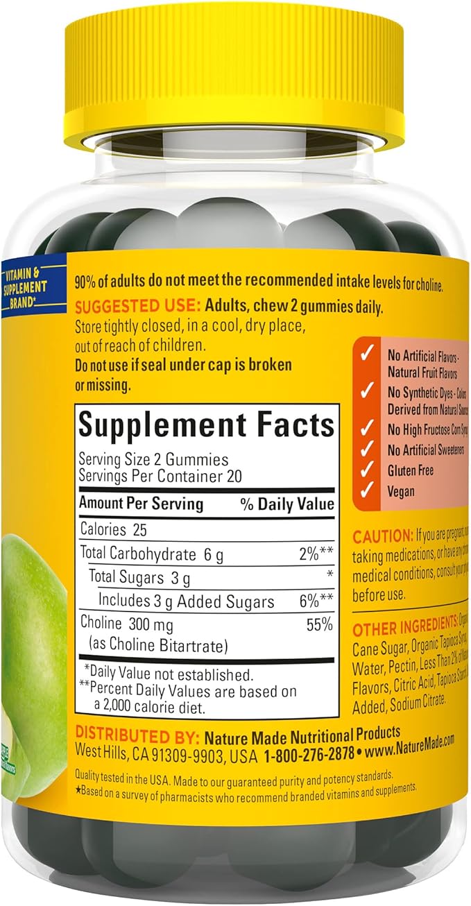 Nature Made Choline Supplements, Supports Liver Health, Nervous System Function and Brain Health, 40 Vegan Gummies, 20 Day Supply