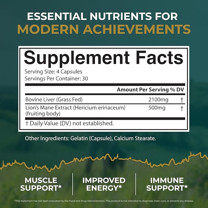 Grass Fed Beef Liver Capsules w/ Lions Mane for Energy, Focus & Memory | Grassfed Beef Liver Supplement Supports Full Body Wellness | Beef Organs Supplement for Men - Freeze Dried | 30 Serving-120 Cnt