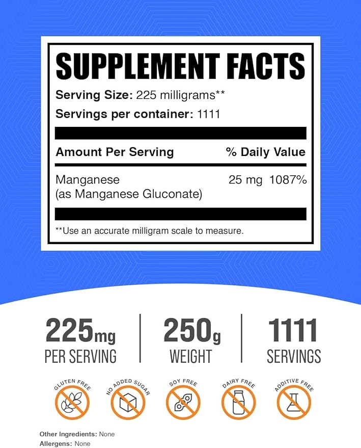 BulkSupplements.com Manganese Gluconate Powder - Manganese Supplements, Essential Trace Mineral - High Absorption & Gluten Free, 225mg per Serving, 250g (8.8 oz) (Pack of 1)