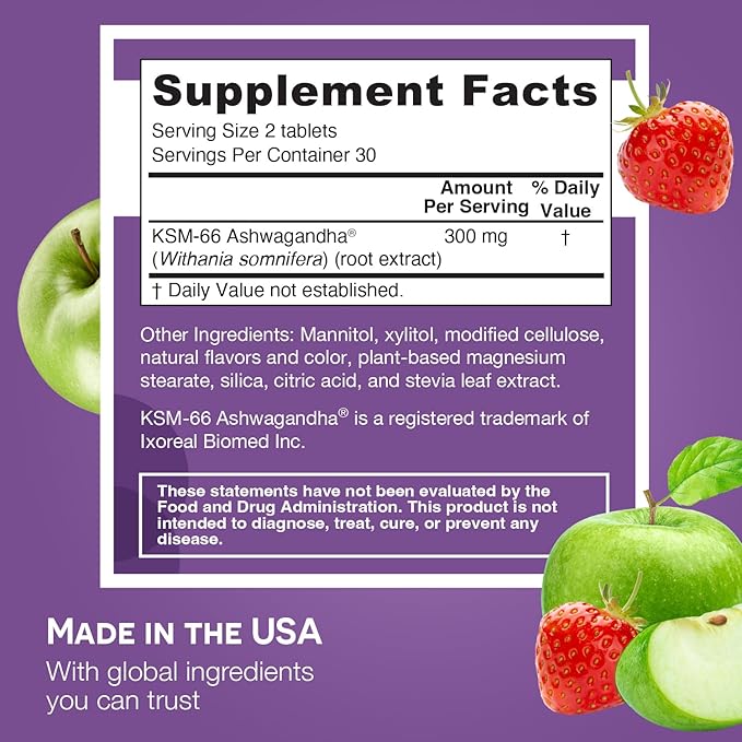 EZ Melts Dissolvable KSM-66 Ashwagandha®, 300 mg, Sugar-Free, Stress, Sleep and Mood Support Supplement, 30-Day Supply, Apple Berry-Flavor