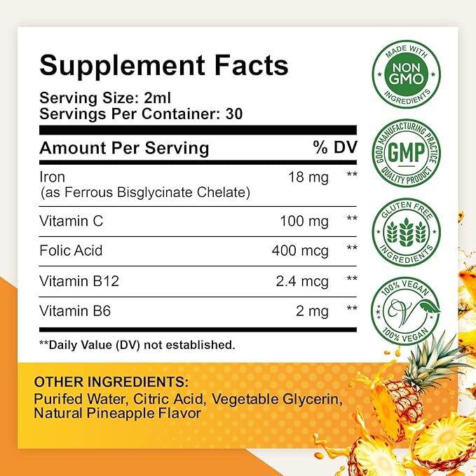 2 Pack Liquid Iron Supplement for Women, Men & Kids, Liquid Iron Drops with Folate, Vitamin C, B6, B12 for Anemia, Red Blood Cell, Energy Support, Pineapple Flavor