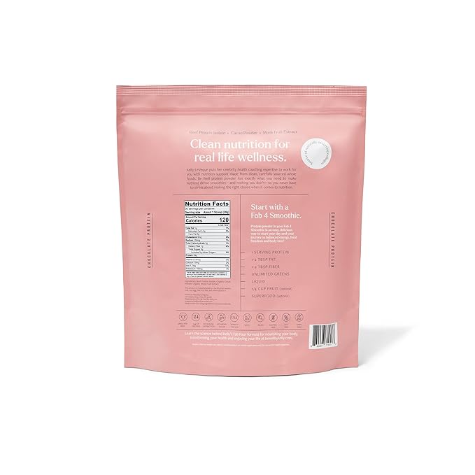 Be Well by Kelly Chocolate Grass-Fed Beef Protein Powder, 24G of Protein & 1G Net Carbs (3 Ingredients, 30 Servings) 9 Amino Acids + 3 BCAAs No Soy, No Dairy, Stevia-Free, No Sugar Added 1.87lb 849g