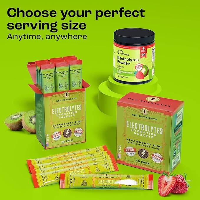 KEY NUTRIENTS Multivitamin Electrolytes Powder No Sugar - Juicy Strawberry Kiwi Electrolyte Powder - Endurance & Energy Supplement - Hydration Powder - No Calories - 90 Servings - Made in USA