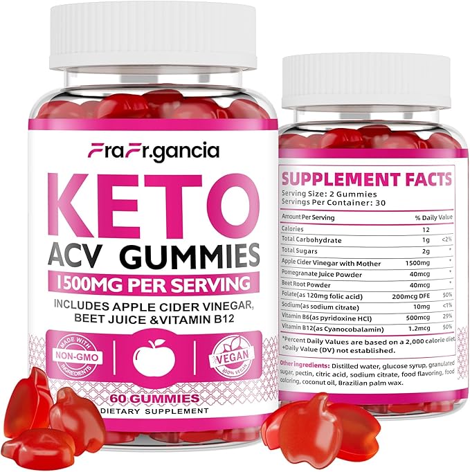 Keto ACV Gummies - Apple Cider Vinegar Gummies with B6 & B12, Vegan, Gelatin-Free, Keto Support, Detox Cleanse, Non-GMO, for Men & Women, 60 Gummies